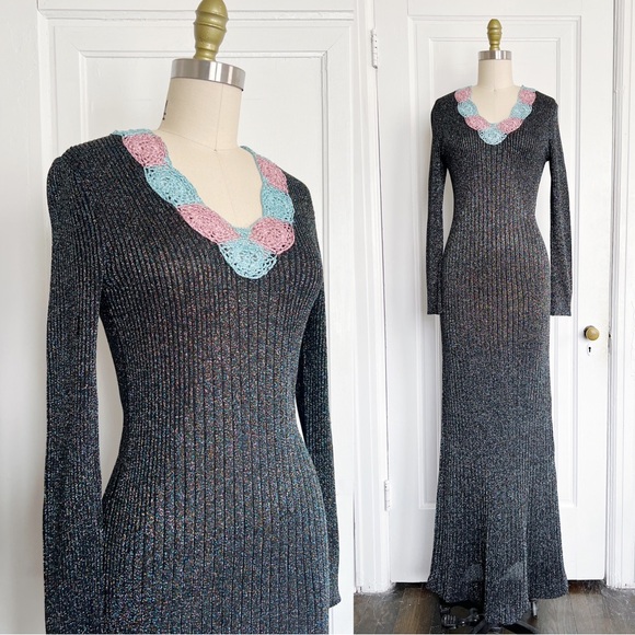 Vintage Dresses & Skirts - vintage • 1970s Wenjilli lurex maxi dress gown ribbed knit metallic sparkle 70s